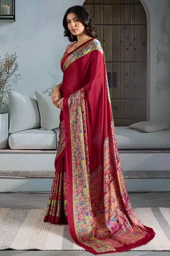 Maroon color soft modal satin ajrakh print saree  timeless ethnic collection
