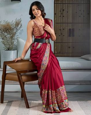 Maroon color soft modal satin ajrakh print saree  timeless ethnic collection 4
