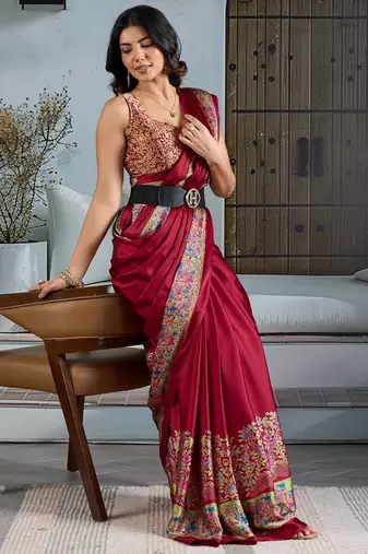 Maroon color soft modal satin ajrakh print saree  timeless ethnic collection