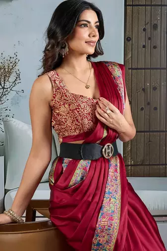 Maroon color soft modal satin ajrakh print saree  timeless ethnic collection