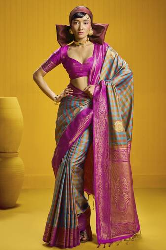 Traditional handloom pure silk saree with checks pattern & matching blouse