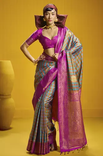 Traditional handloom pure silk saree with checks pattern & matching blouse