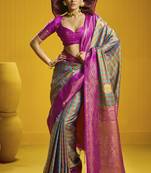 Traditional handloom pure silk saree with checks pattern & matching blouse