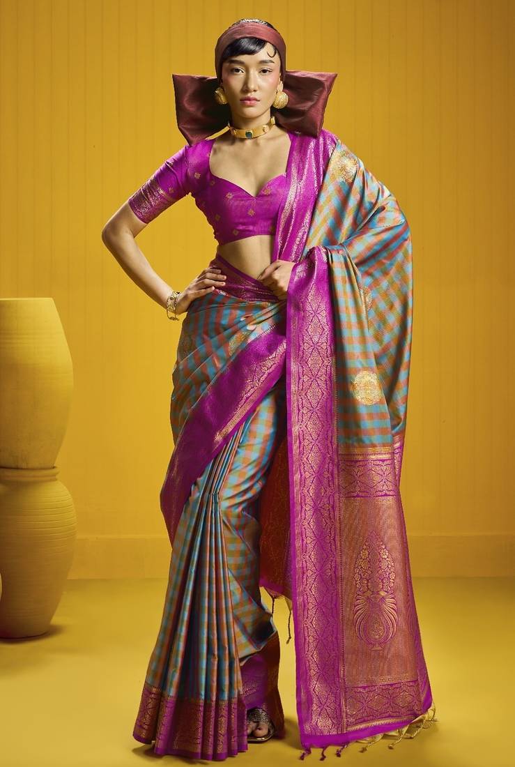 Traditional handloom pure silk saree with checks pattern & matching blouse