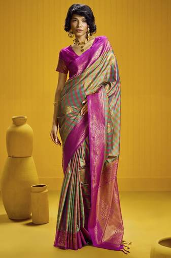 Traditional handloom pure silk saree with checks pattern & matching blouse
