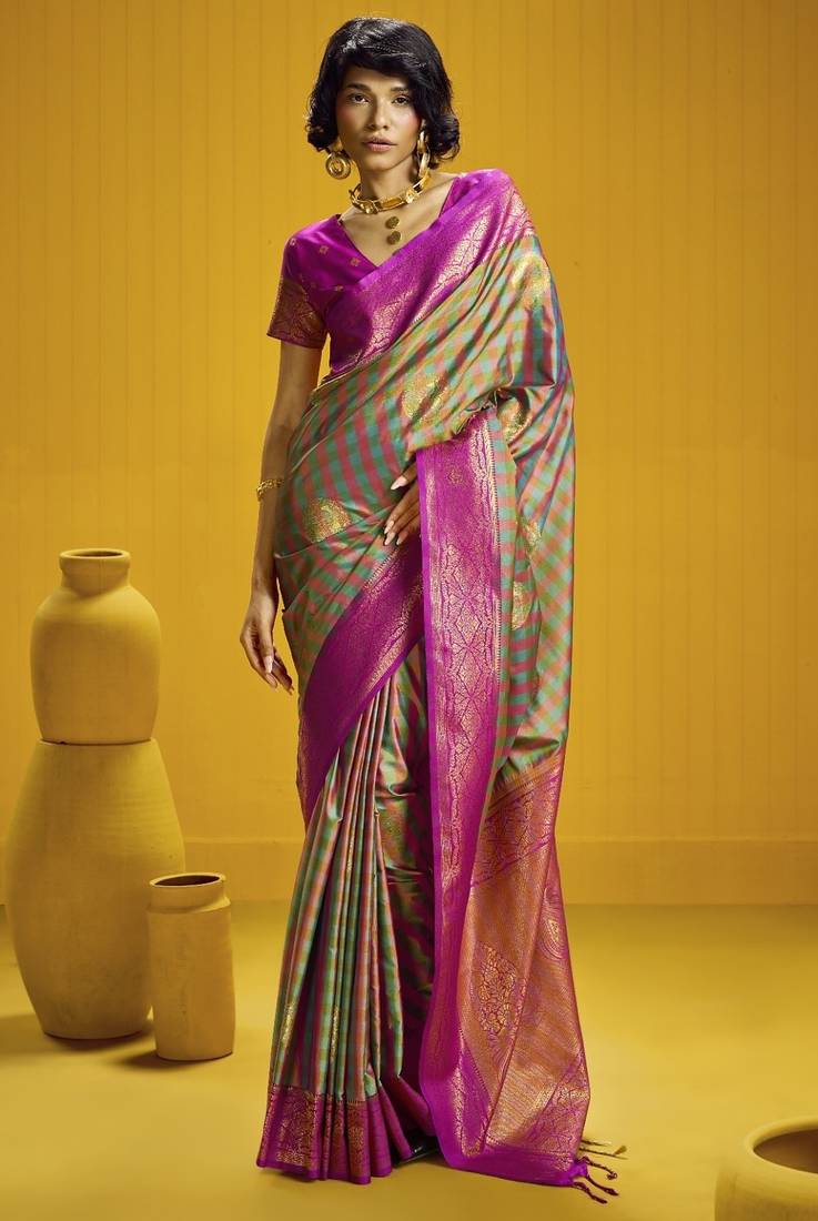 Traditional handloom pure silk saree with checks pattern & matching blouse