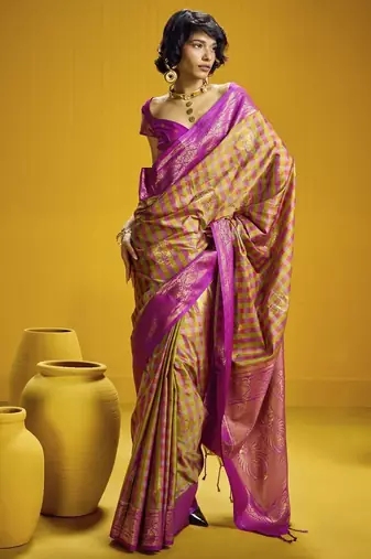 Traditional handloom pure silk saree with checks pattern & matching blouse