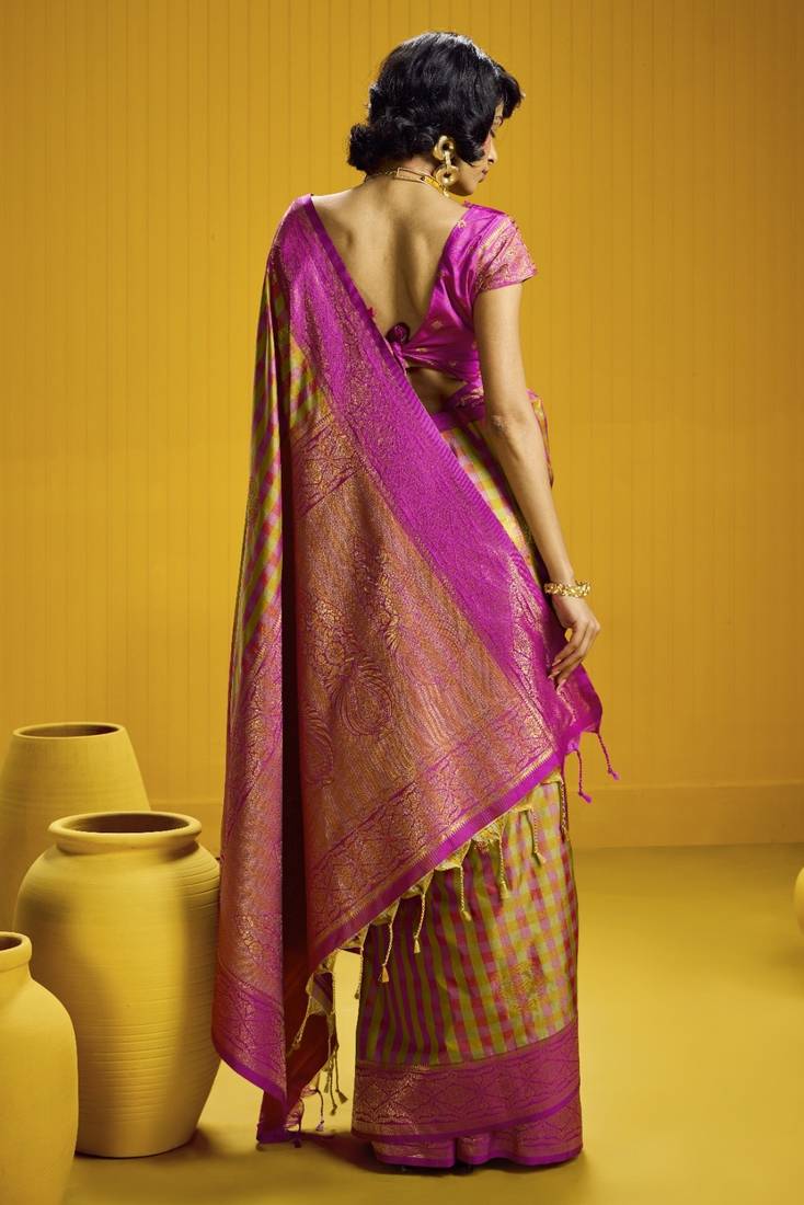 Traditional handloom pure silk saree with checks pattern & matching blouse