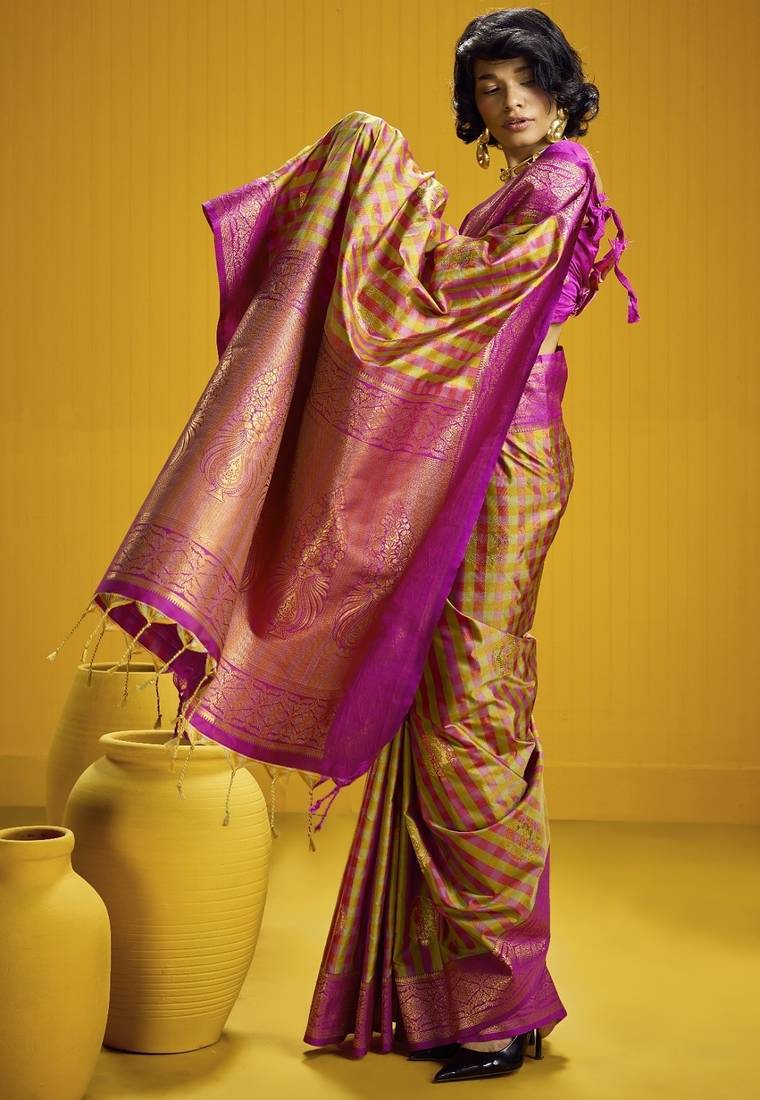 Traditional handloom pure silk saree with checks pattern & matching blouse