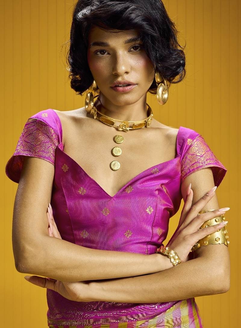 Traditional handloom pure silk saree with checks pattern & matching blouse