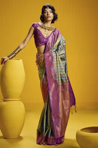 Traditional handloom pure silk saree with checks pattern & matching blouse