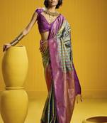 Traditional handloom pure silk saree with checks pattern & matching blouse