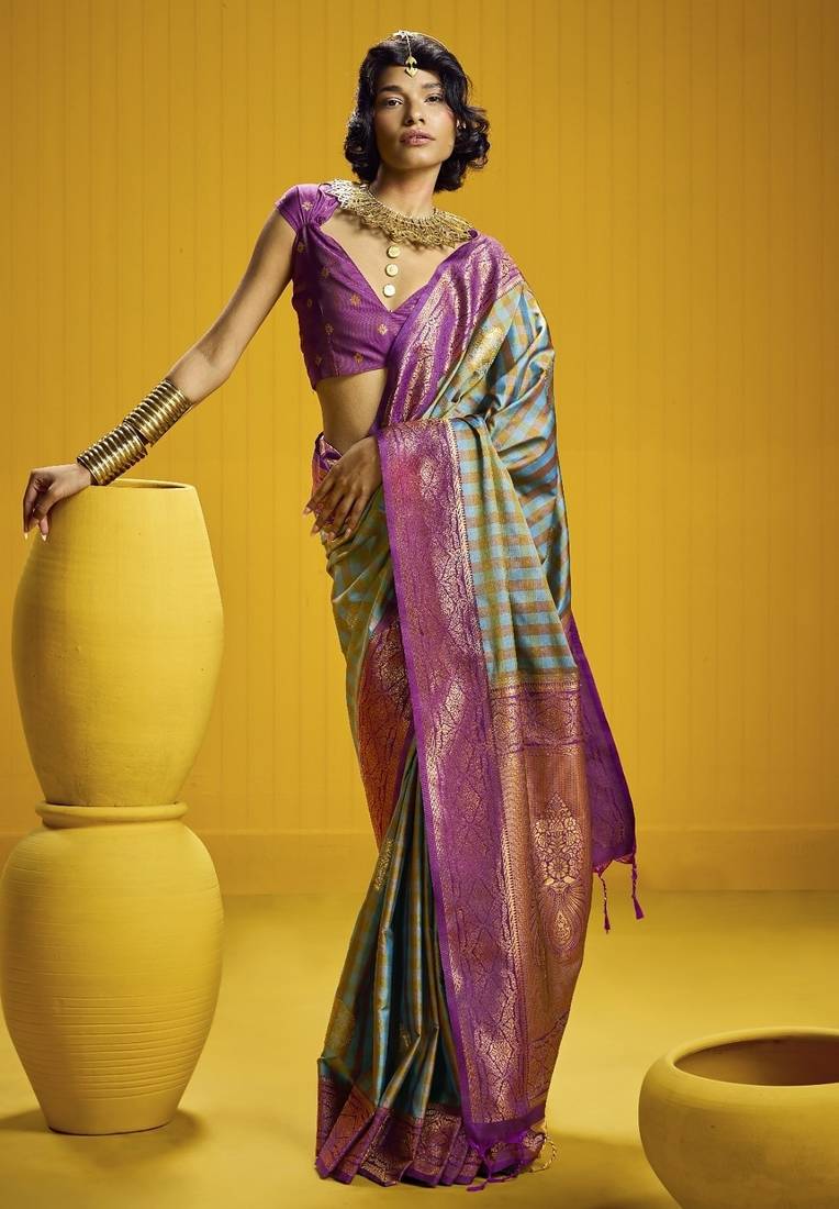 Traditional handloom pure silk saree with checks pattern & matching blouse