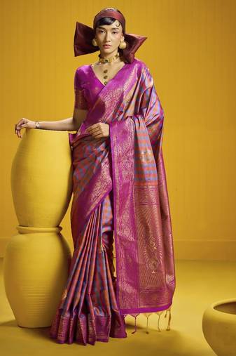 Traditional handloom pure silk saree with checks pattern & matching blouse