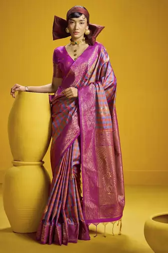 Traditional handloom pure silk saree with checks pattern & matching blouse