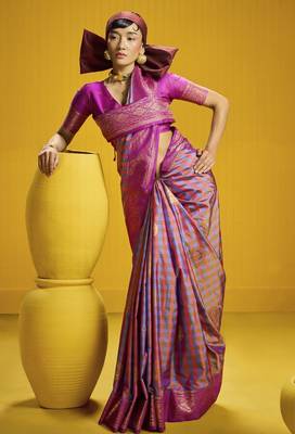  pure silk blend saree with checks pattern & matching blouse 4