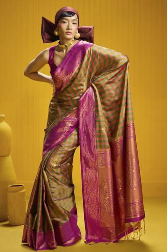 Traditional handloom pure silk saree with checks pattern & matching blouse