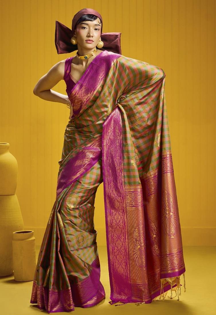 Traditional handloom pure silk saree with checks pattern & matching blouse