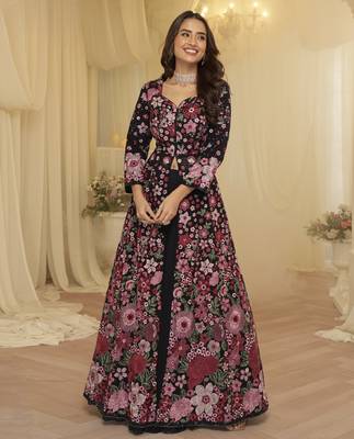 Trendy festive wear georgette front cut top with skirt and dupatta 1