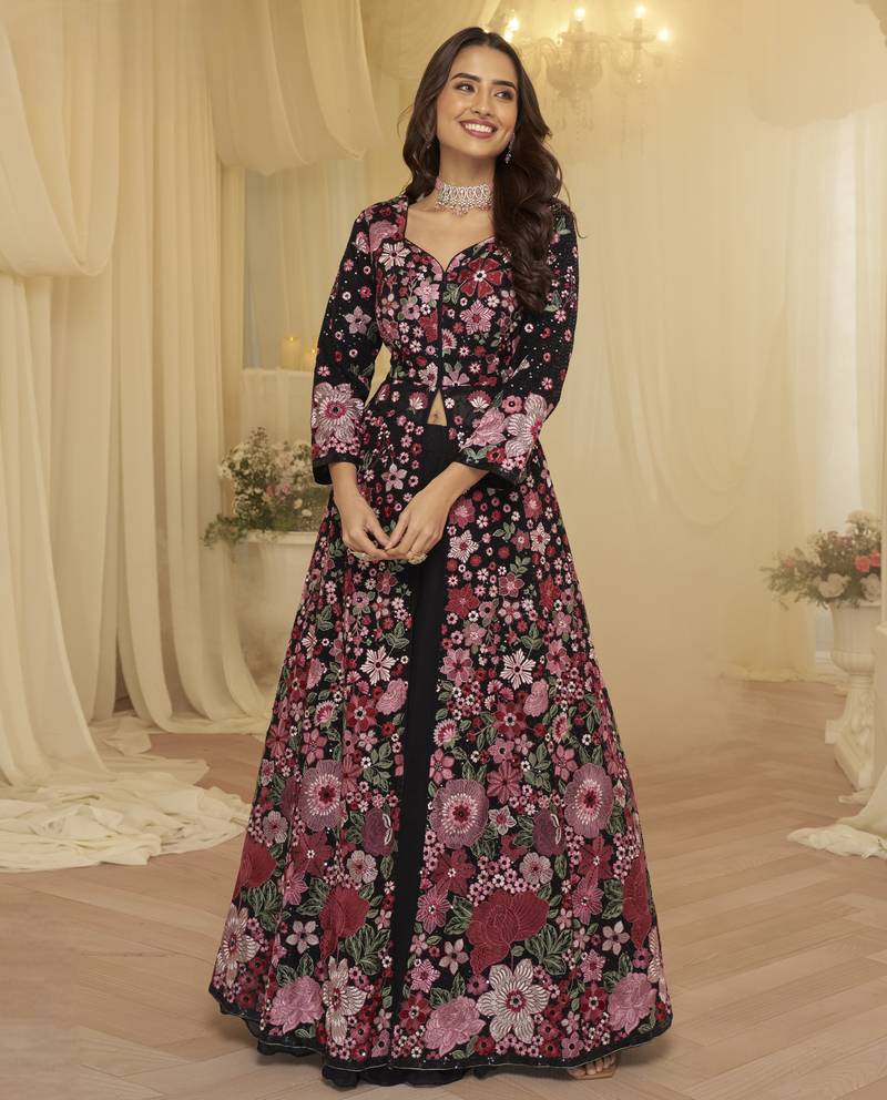 Trendy festive wear georgette front cut top with skirt and dupatta