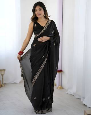 Black party wear fandy satin silk blend saree with embroidery work in 7 colors 1