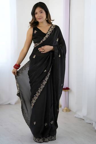 Black party wear fandy satin silk saree with embroidery work in 7 colors