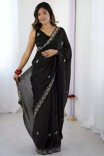 Black party wear fandy satin silk saree with embroidery work in 7 colors