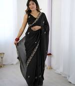 Black party wear fandy satin silk saree with embroidery work in 7 colors