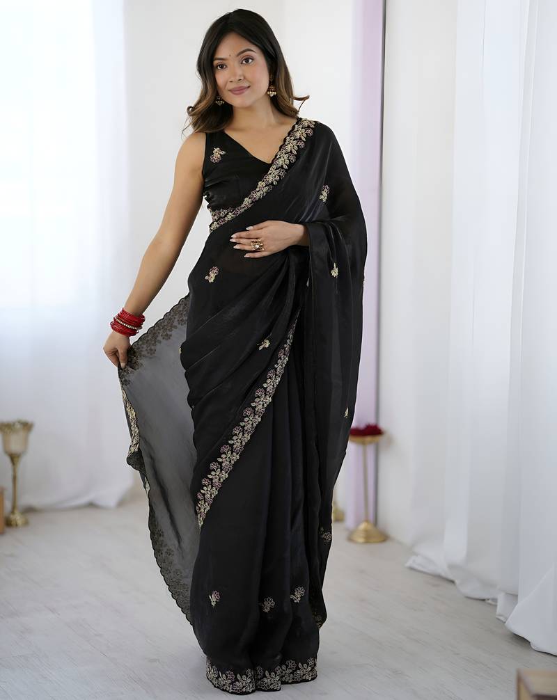 Black party wear fandy satin silk saree with embroidery work in 7 colors