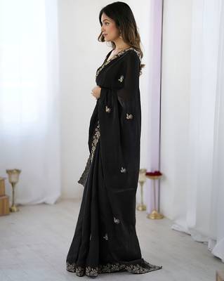 Black party wear fandy satin silk blend saree with embroidery work in 7 colors 2