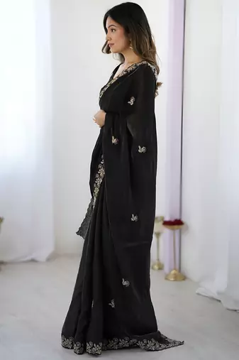 Black party wear fandy satin silk blend saree with embroidery work in 7 colors