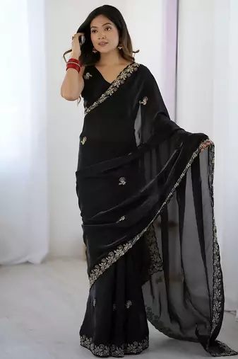 Black party wear fandy satin silk blend saree with embroidery work in 7 colors