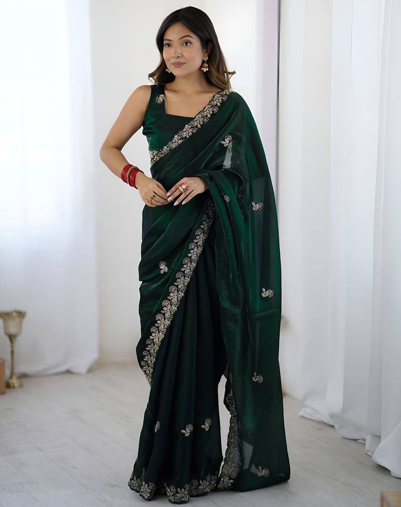 Green party wear fandy satin silk saree with embroidery work in 7 colors