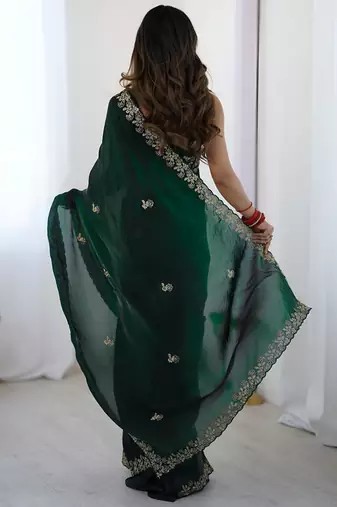 Green party wear fandy satin silk blend saree with embroidery work in 7 colors