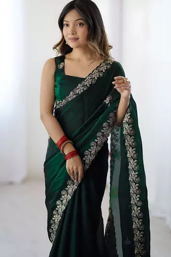 Green party wear fandy satin silk blend saree with embroidery work in 7 colors
