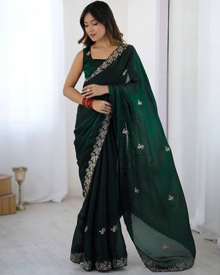Green party wear fandy satin silk blend saree with embroidery work in 7 colors 5