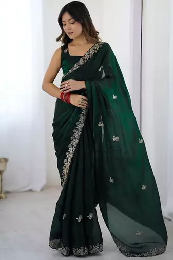 Green party wear fandy satin silk blend saree with embroidery work in 7 colors