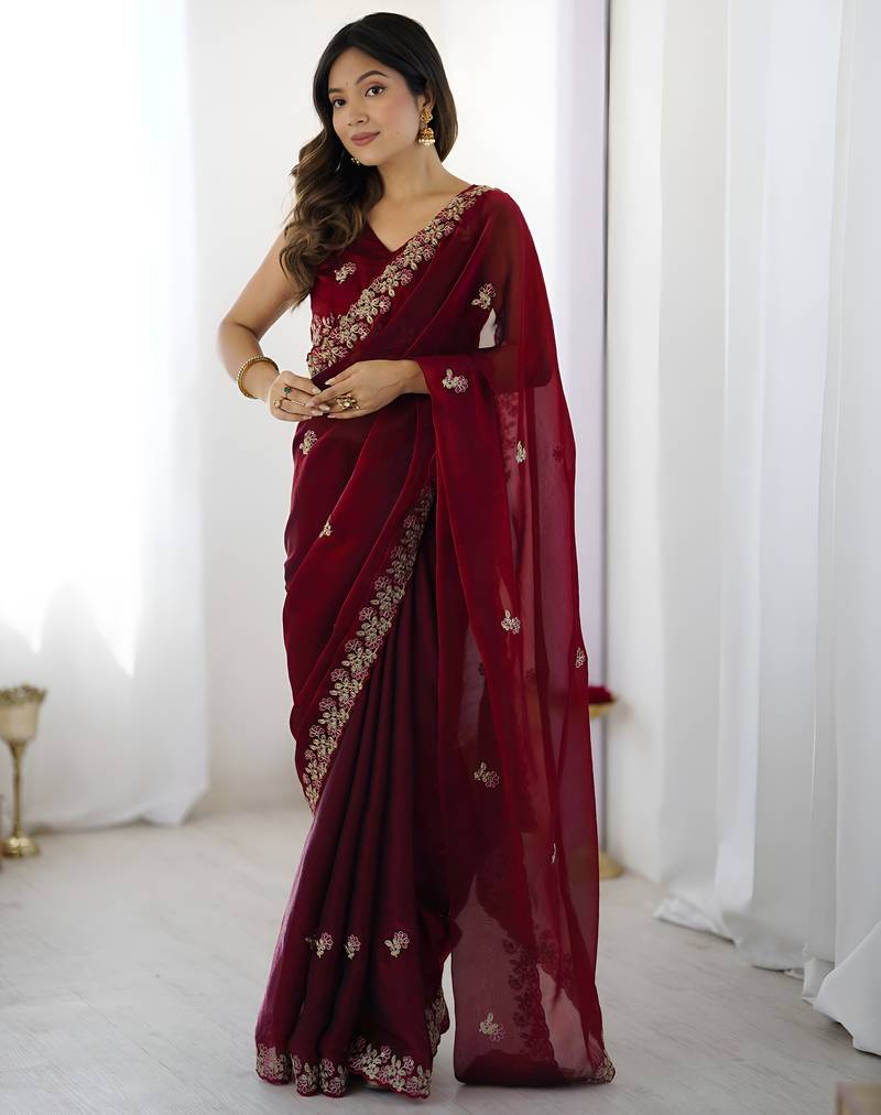 Maroon party wear fandy satin silk saree with embroidery work in 7 colors