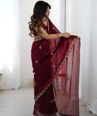 Maroon party wear fandy satin silk blend saree with embroidery work in 7 colors 2