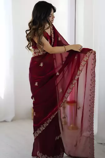 Maroon party wear fandy satin silk blend saree with embroidery work in 7 colors