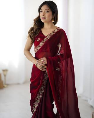 Maroon party wear fandy satin silk blend saree with embroidery work in 7 colors 3