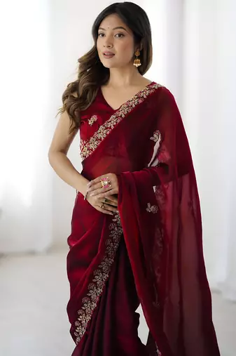 Maroon party wear fandy satin silk blend saree with embroidery work in 7 colors