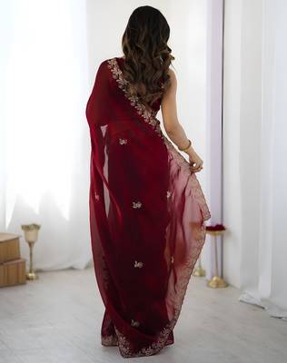 Maroon party wear fandy satin silk blend saree with embroidery work in 7 colors 4