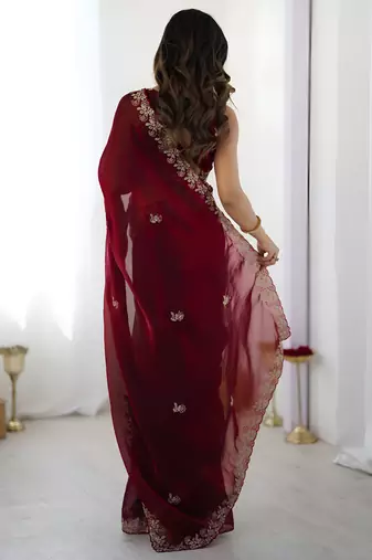 Maroon party wear fandy satin silk blend saree with embroidery work in 7 colors