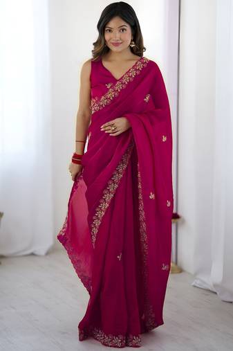 Pink party wear fandy satin silk saree with embroidery work in 7 colors