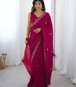 Pink party wear fandy satin silk saree with embroidery work in 7 colors
