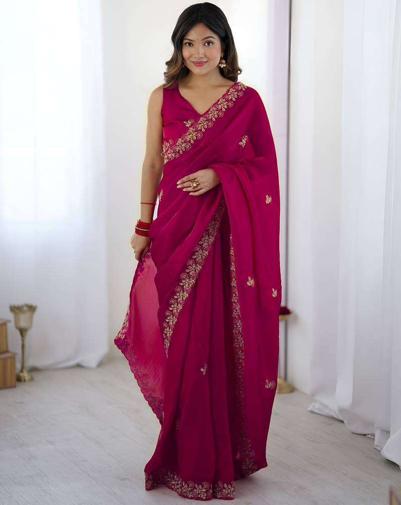 Pink party wear fandy satin silk saree with embroidery work in 7 colors