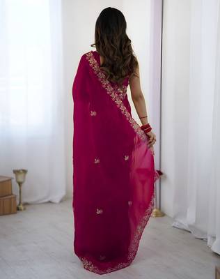 Pink party wear fandy satin silk blend saree with embroidery work in 7 colors 2