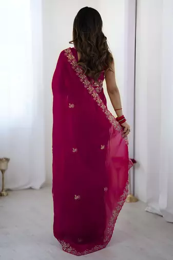 Pink party wear fandy satin silk blend saree with embroidery work in 7 colors