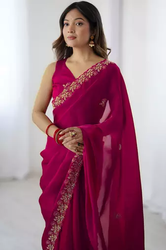 Pink party wear fandy satin silk blend saree with embroidery work in 7 colors